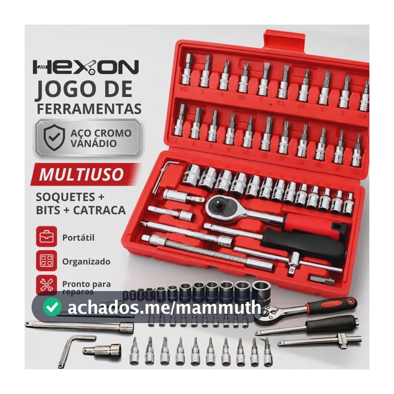 Kit Ferramentas 46 Peças Com Soquetes e Chaves Para Carro e Casa Vermelho Hexon