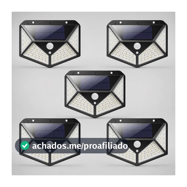 Kit 5 Luminárias Solar 100 Leds Bateria Solar A Prova D'água Preto
