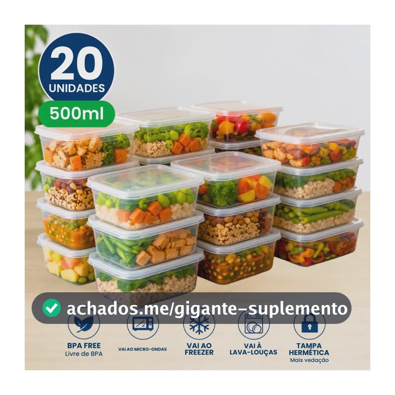 Kit com 20 Potes Plástico Hermético de 500 mL para Marmita Fitness