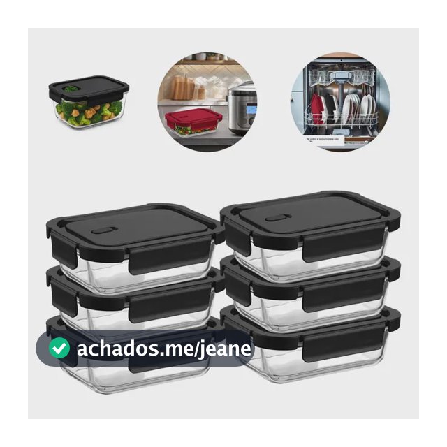 Kit 6 Potes Herméticos Vidro 375ml Tampa Trava Marmita Fitness Comida Freezer Micro-ondas Preto