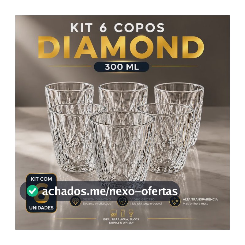 Jogo 6 Copos 300ML Grande Vidro Grosso Diamond Resistente Transparente Kit para Drink Água Suco Refrigerante Bar Restaurante Diamante