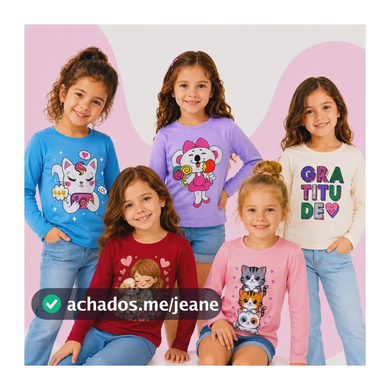 Kit 5 Blusas Manga Longa Infantil Feminina Algodão Estampada Diversas Estampada 8