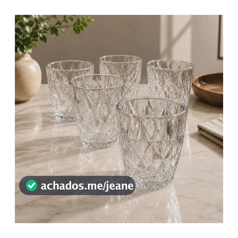Jogo 6 Copos Baixos Diamond 300ml Vidro Resistente Diamante Transparente