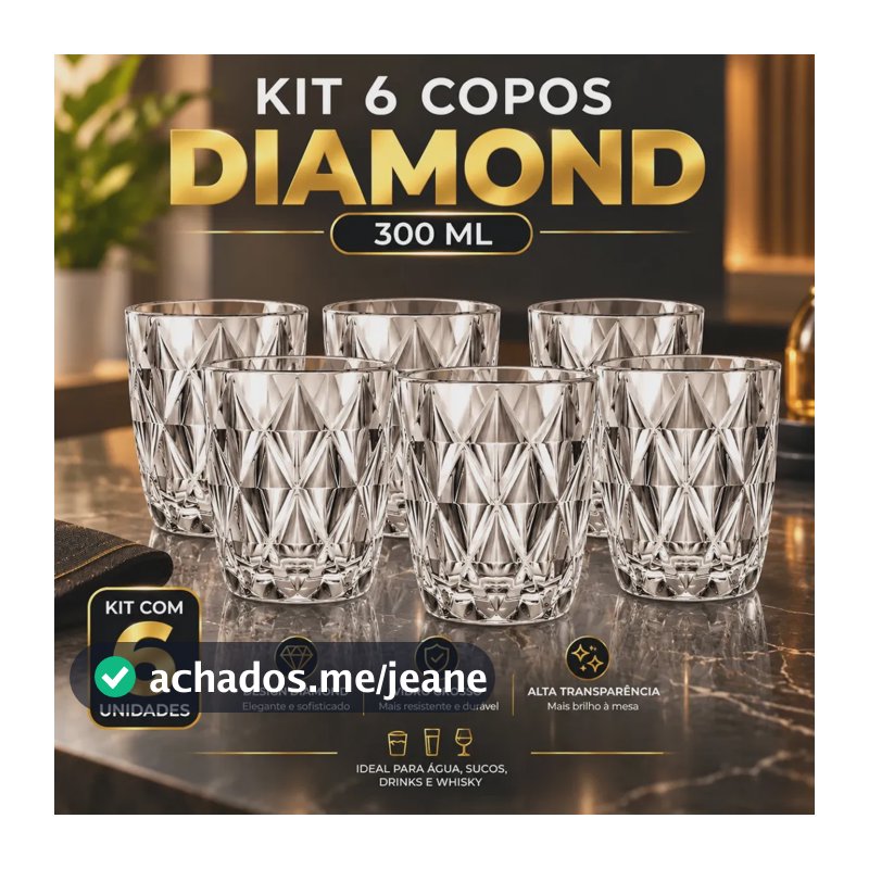 Jogo 6 Copos Diamond Diamante 300ml THOMHOME Vidro Grosso Branco