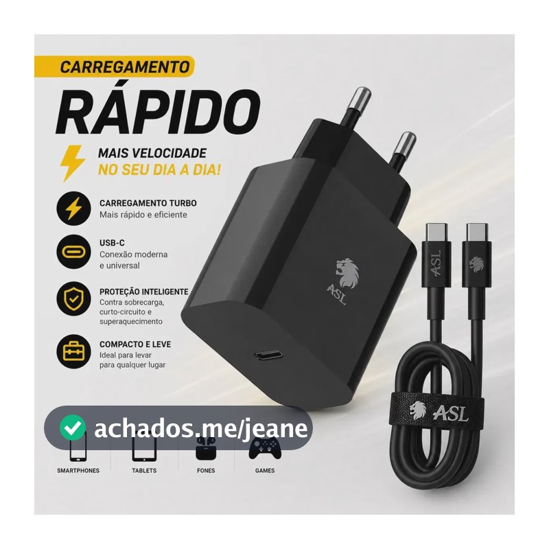Carregador de Parede ASL USB-C Turbo 25W para Samsung, iPhone e Xiaomi com Cabo