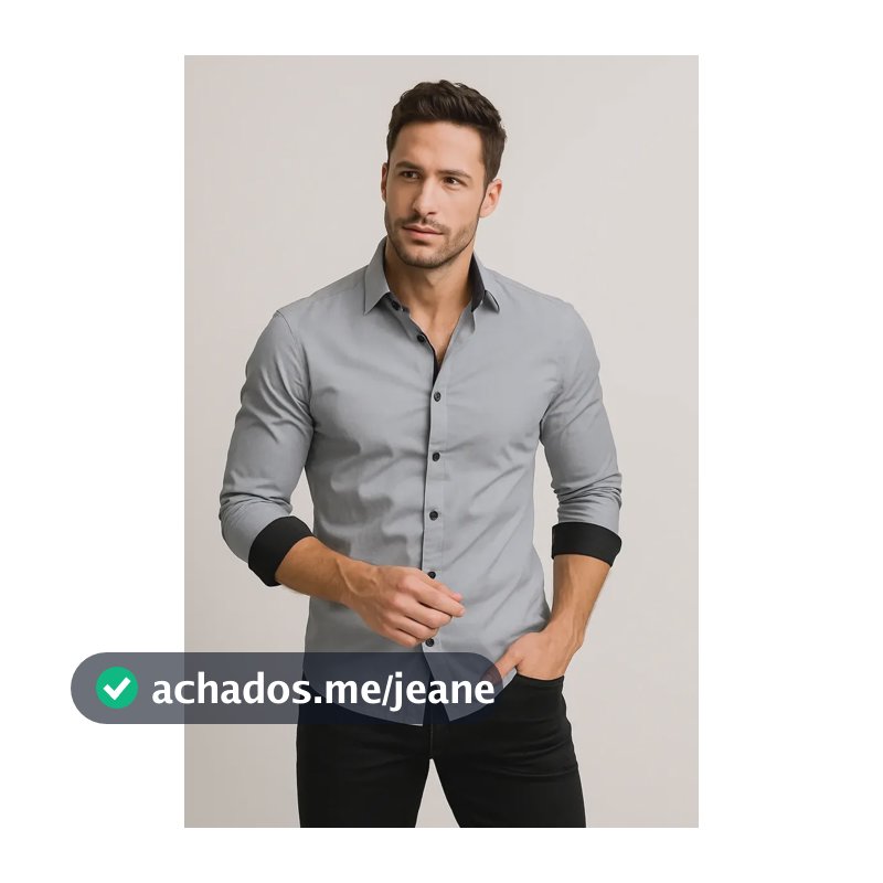 Camisa Social Masculina Slim Fit Longa Luxo Premium Cinza Com Detalhe Preto Liso M