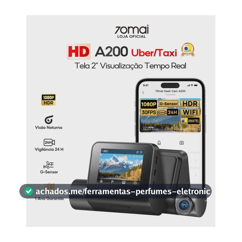 Câmera Veicular Automotiva 70mai A200 2'' Tela HD 1080P Hdr Wifi 60fps Ângulo 130 Camera para Carro 24h Visão Noturna com App G-sensor Vigilância de Estacionamento 24H Gravação de Emergência