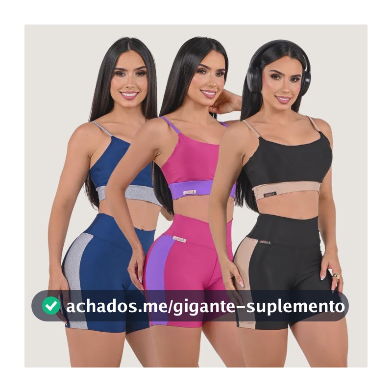 Kit 3 Conjunto Fitness Virginia Cropped Short Academia Azul/pink/preto Liso M/40-42