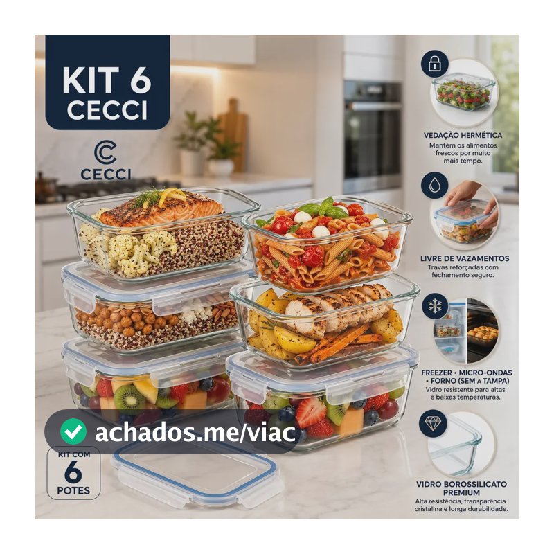 Kit 6 Potes de Vidro Herméticos Retangulares 640 mL para Marmita, Freezer e Organização
