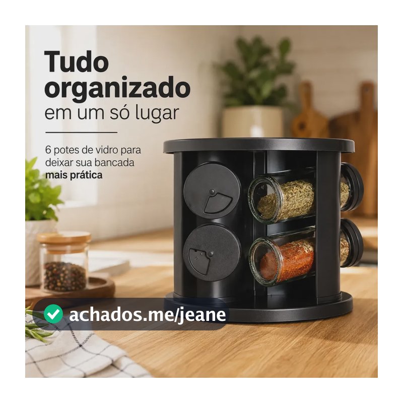 Porta Temperos E Condimentos Giratório Com 6 Potes De Vidro Cor Preto / Liso