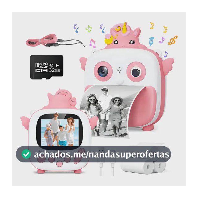Câmera fotográfica Instantânea Infantil Full HD com Selfie, Impressão e Gravação de Vídeo + Cartão 32GB + 3 Rolos de Papel