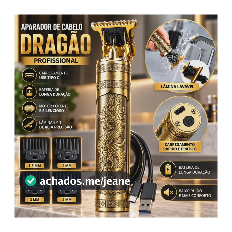 Máquina De Barbear Cortar Cabelo Marca Rave Peak Aparador De Barba Maquininha Intimo Profissional Domestica Cortador Dragão Elétrica Depilador Intimo Material Metálico Pelos Acabamento Pezinho Dourado