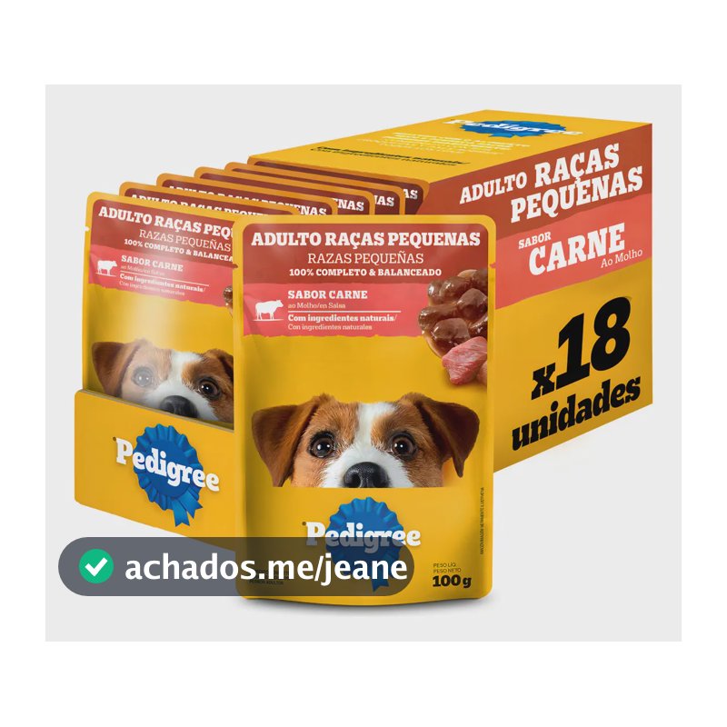 Pack Ração Úmida Pedigree Para Cães Adultos Raças Pequenas Sachês Carne 100g - Caixa Com 18 Unidades