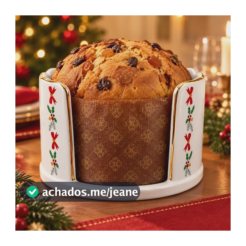 Porta Panetone Cerâmica Branco Filete Ouro Natal 10x17cm Branco