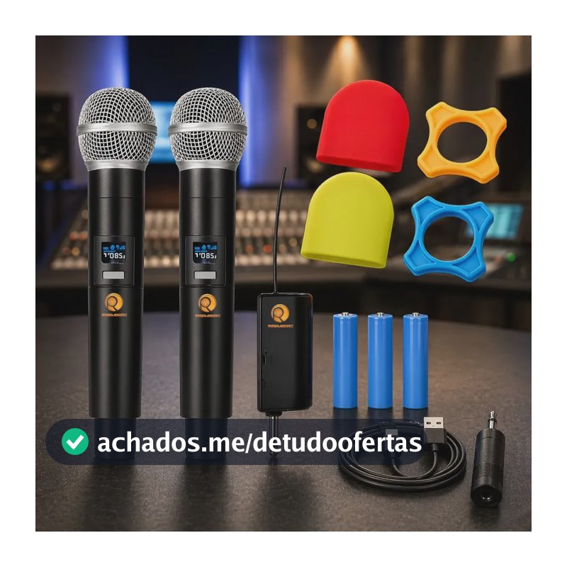 Kit 2 Microfones Sem Fio Dinâmico Duplo Recarregável Profissional Uhf Led Karaokê Palestras Shows Igrejas Apresentações Bar Cancelamento De Ruído Anti-larsen Bateria Cardioide Palco Reuniões Risemberg