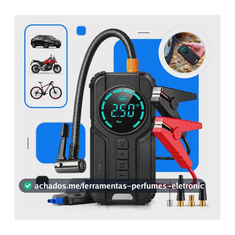 Auxiliar de Partida Carregador Bateria Com Compressor De Ar Portátil Veicular Emergência 6 em 1 Inteligente Digital 12V Calibrador Pneu Automotivo Lanterna LED Moto SUV Bike Caminhonete Marca Nixzen