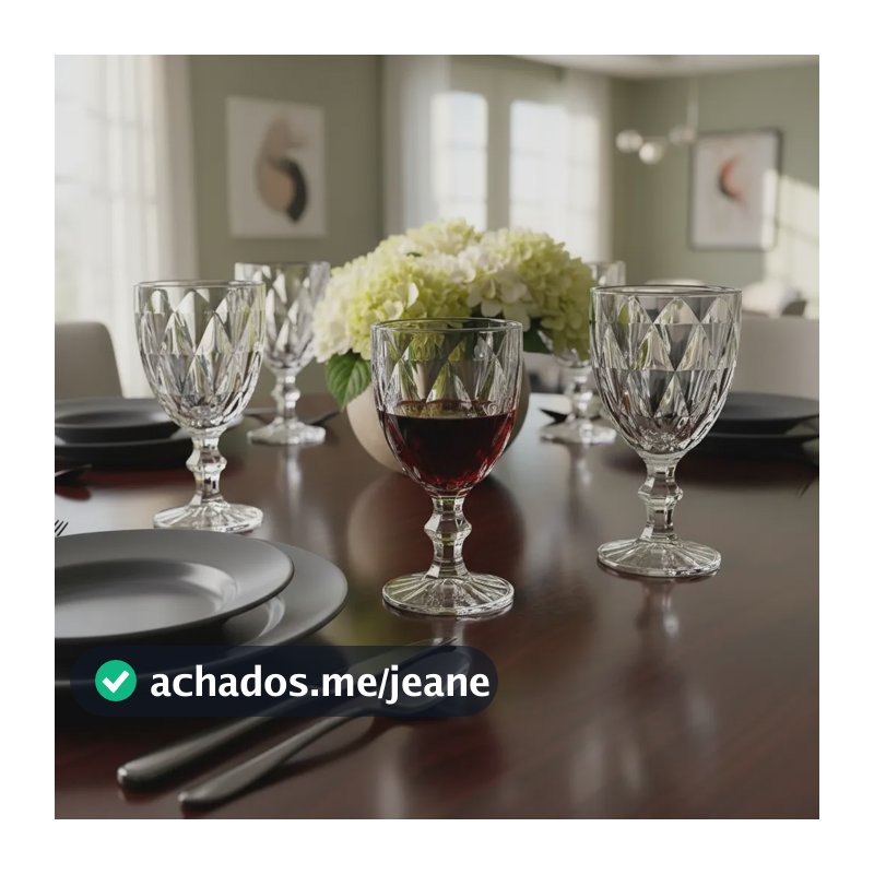 Jogo 6 Taça 340ml Vinho Água Vidro Diamond Transparente Luxo Transparente