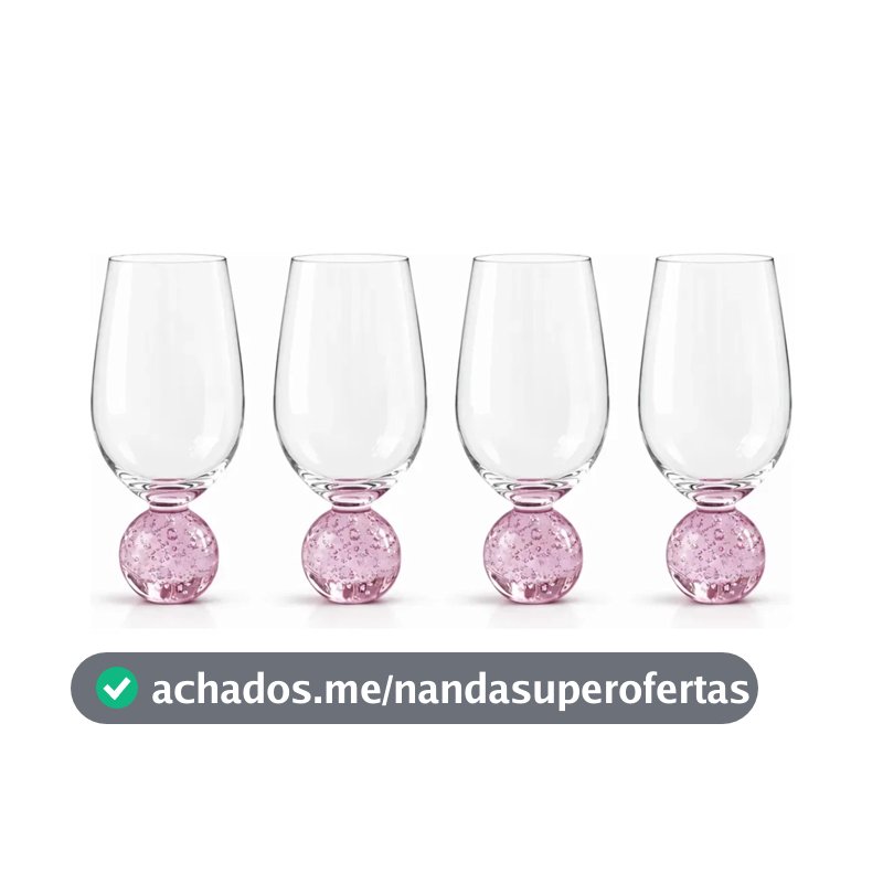 Kit 4 Taças de Vidro Bola Orbe Rosa Base Bolha Esfera Luxo Drink Vinho Água Suco 400ml 17cm Sayonara