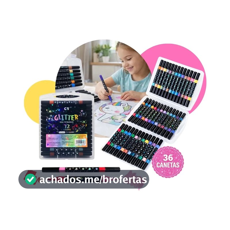Canetinhas Glitter Estojo 36 Canetas Ponta Dupla 72 Cores Preto Glitter Gurumania