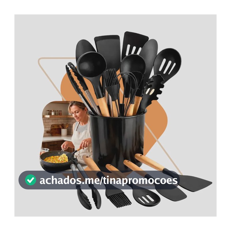 Kit 12 Utensílios Cozinha Silicone Cabo Madeira Escumadeiras Preto