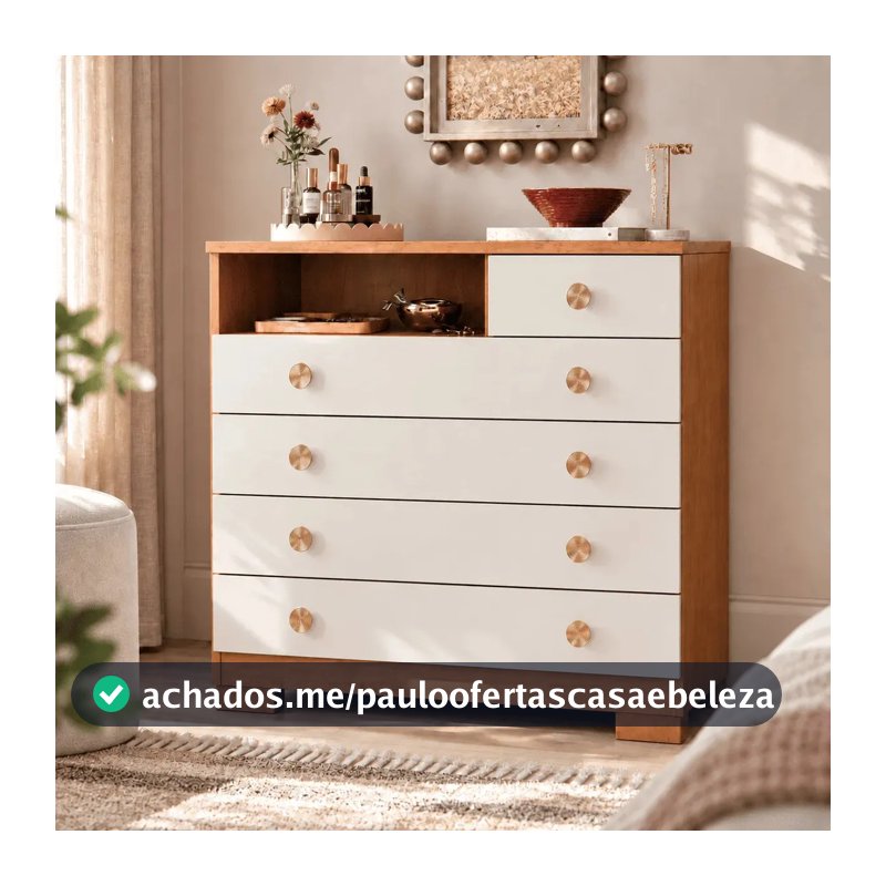 Cômoda 5 Gavetas Para Quarto Adulto Solteiro Com Nicho Pés Corrediças Telescópicas Multiuso Organizadora De Roupas Cor Nature Off White