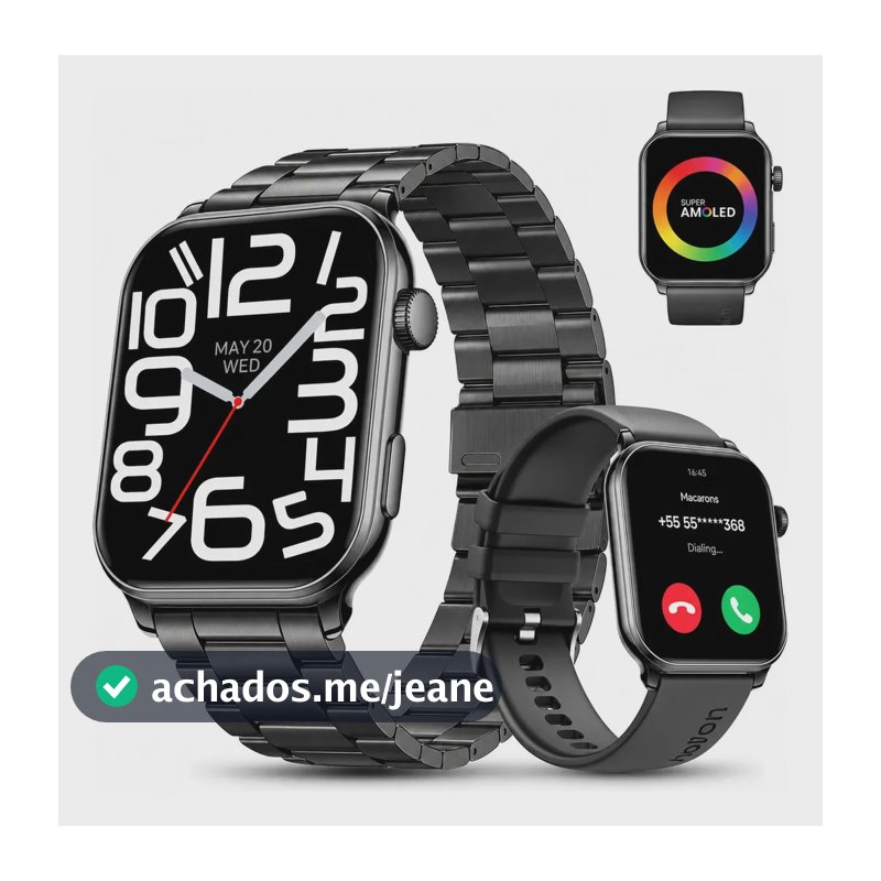 Relógio Inteligente Smartwatch Chamadas Bluetooth Aolon GTS3 Preto Masculino Feminino Esportivo Notificações Instantâneas Agua IP68 1.85 AMOLED Com Codificador Monitor Cardíaco SpO2 2 Pulseiras 8,8mm