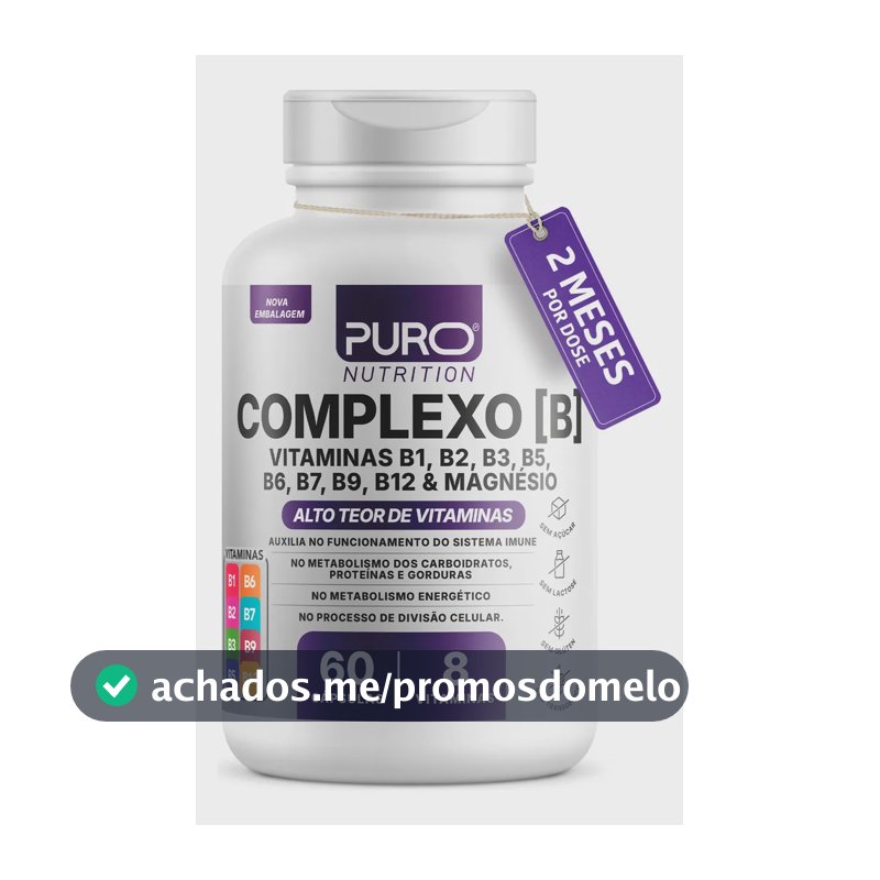 Complexo B Puro Nutrition – Vitaminas B1, B2, B3, B5, B6, B9, B12 e Magnésio, 60 Cápsulas