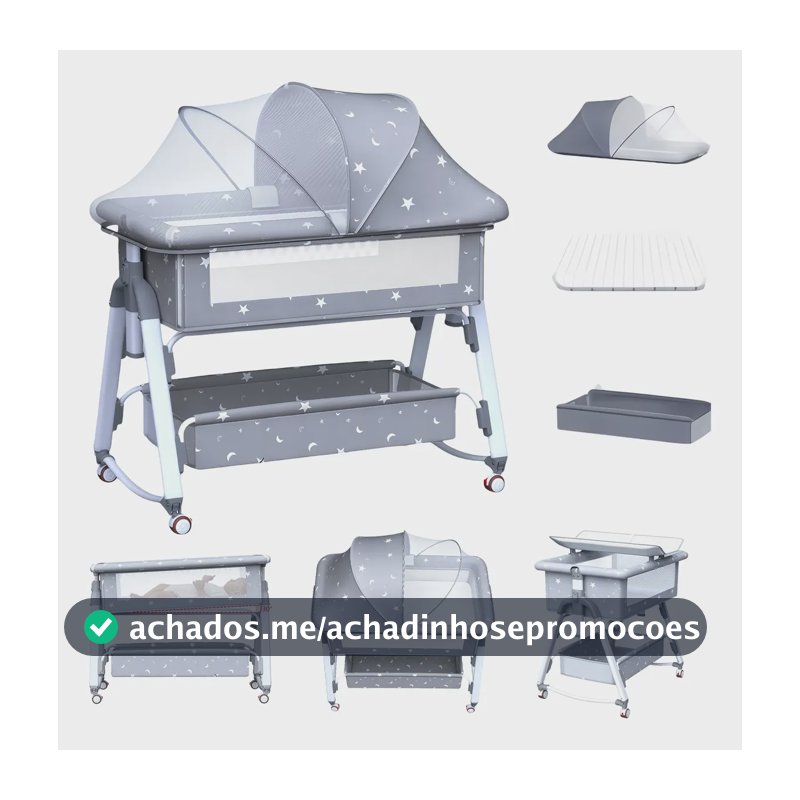 Berço Co-sleeper Multifuncional Portátil Com Mosquiteiro Alegria Cinza