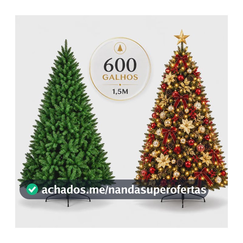 Arvore Natal 1,5 Metros 600 Galhos Volumosa Pinheiro Natalino Verde Base de Metal Reforçada e Resistente