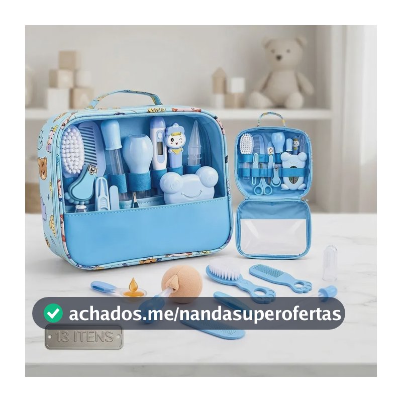 Kit Higiene Bebê Completo Azul Bolsa Maternidade Termômetro Digital Escova Pente Cortador Unha Aspirador Nasal Cuidados Recém Nascido Enxoval Acessórios Higiene Infantil