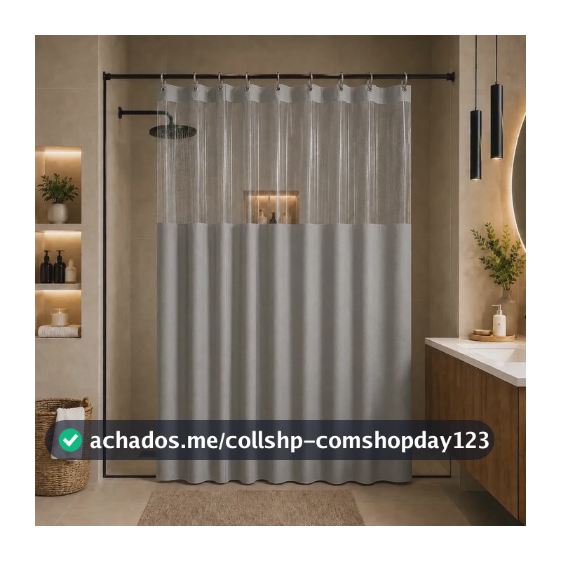Cortina Box Banheiro Lisa Antimofo Com Visor Transparente - PVC Leve e Elegante Cinza 138x198cm
