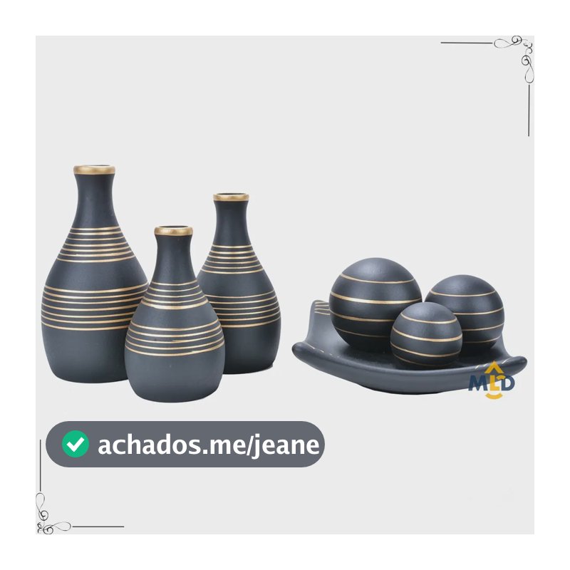 Enfeites Estante Decoração Rack Sala Vaso Decorativo Aparado Cor Preto Listra Trio + Fruteira