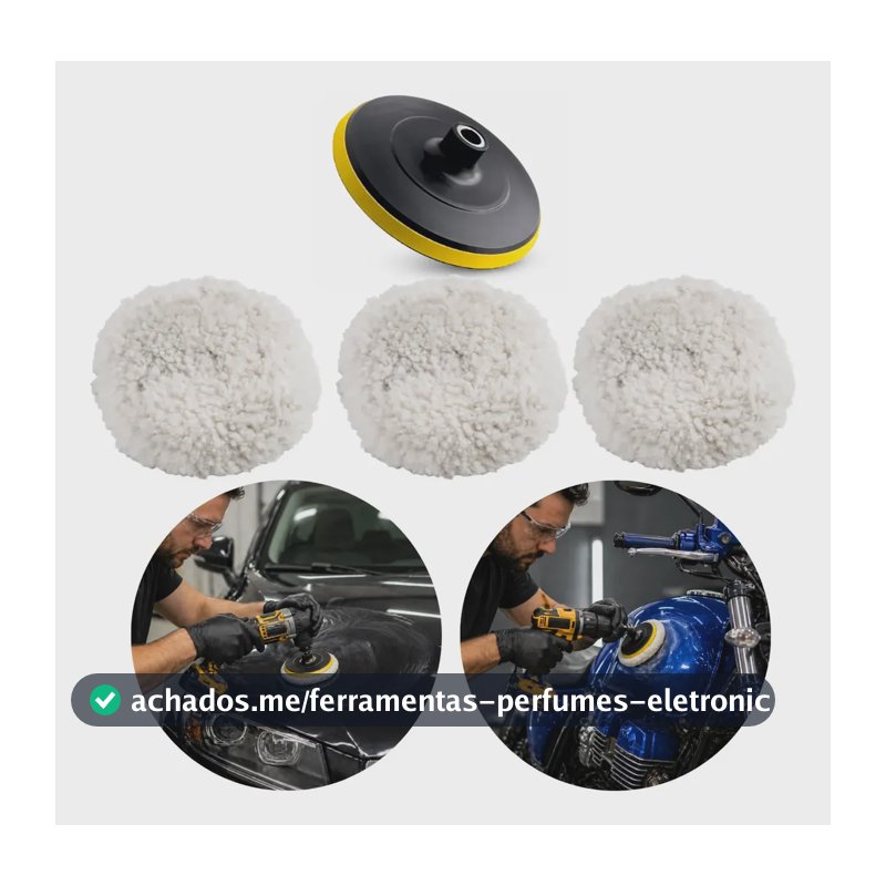 Kit Polimento Automotivo de Lã para Furadeira e Esmerilhadeira Com 3 Boinas e Adaptador