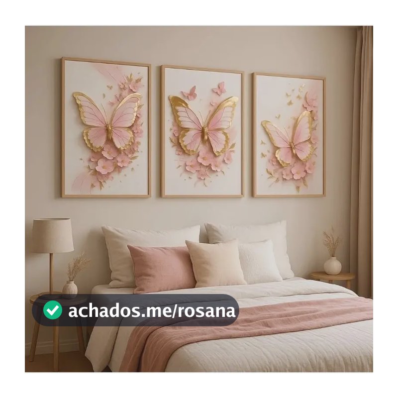 Kit 3 Quadros Decorativos 60x40cm Borboletas Delicadas Rosa-claro Rosa