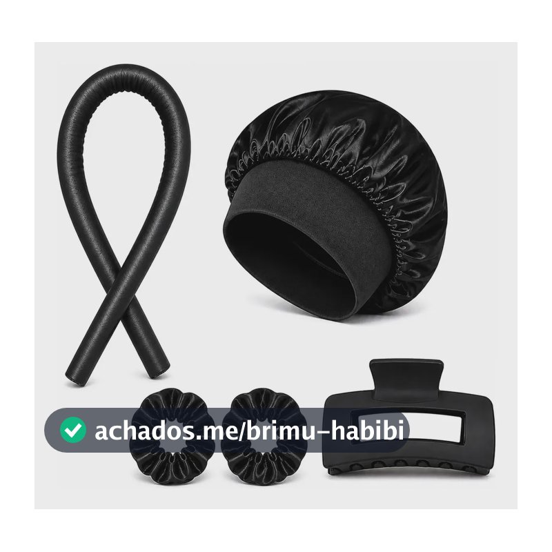 Kit Modelador De Cachos Sem Calor Com Touca E Xuxinhas Cetim Preto