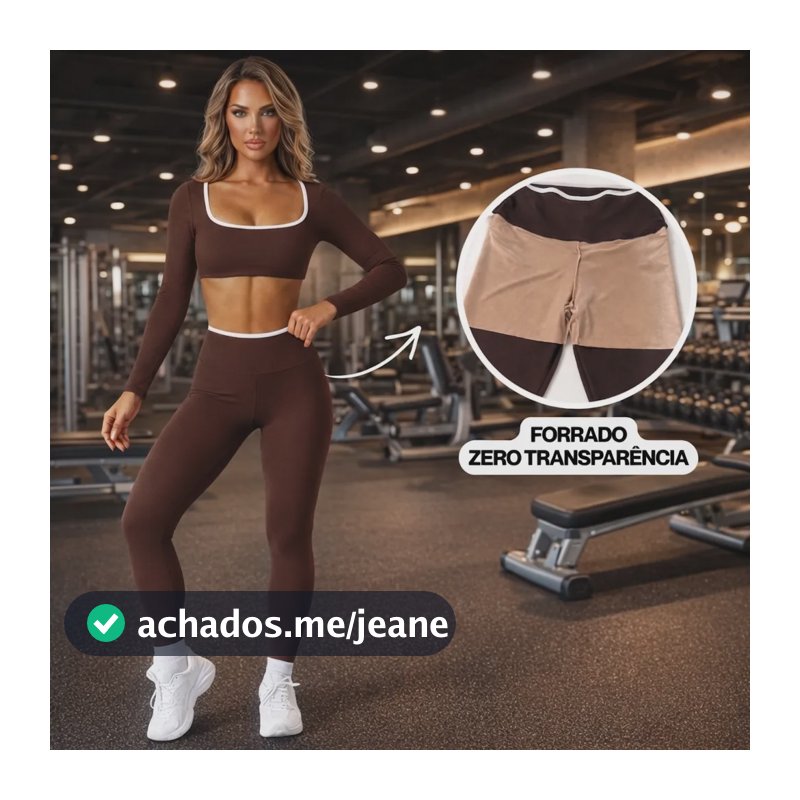 Conjunto Fitness Feminino Manga Longa Com Viés Branco Suplex Marrom M (36 Ao 40)