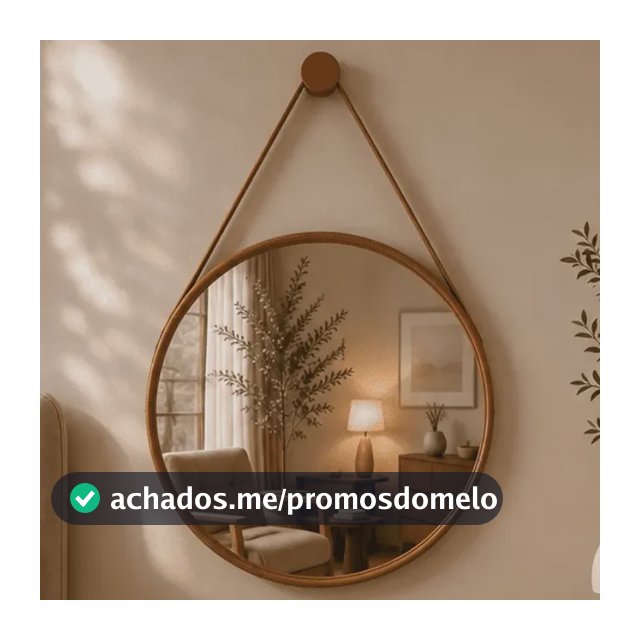 Espelho Redondo Adnet Couro 40cm Suspenso Escandinavo Alça