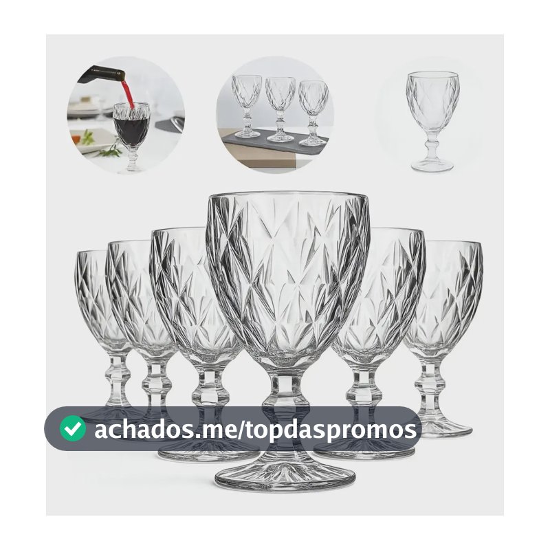 Kit 6un Taça Diamante Lapidada 340ml Para Vinho E Drink Transparente