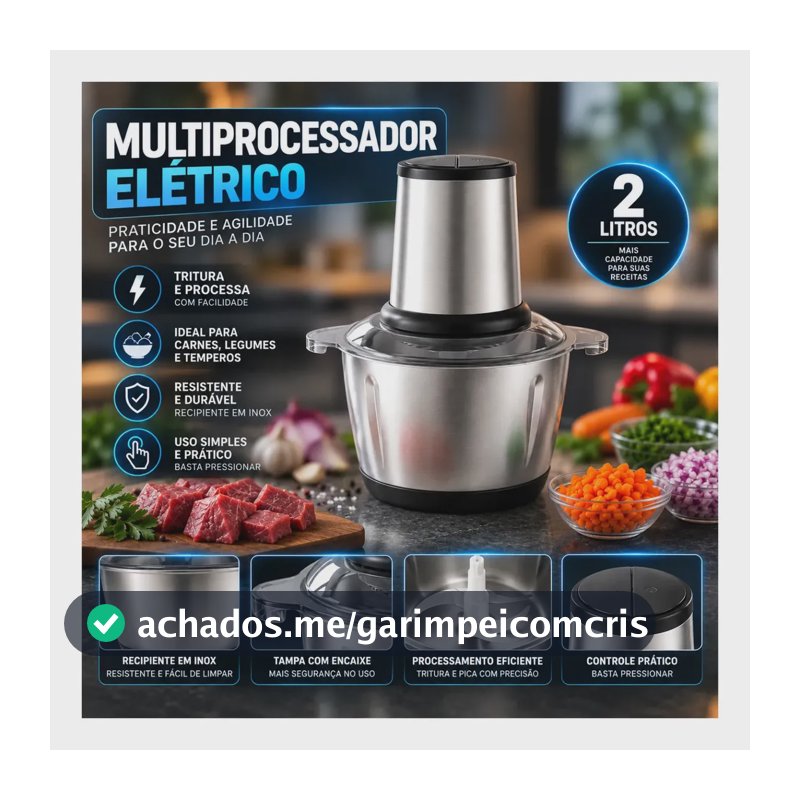Multiprocessador Elétrico 2L 400W Inox Triturador Moedor Picador de Alimentos para Carne Legumes Alho Temperos Cozinha Hardline