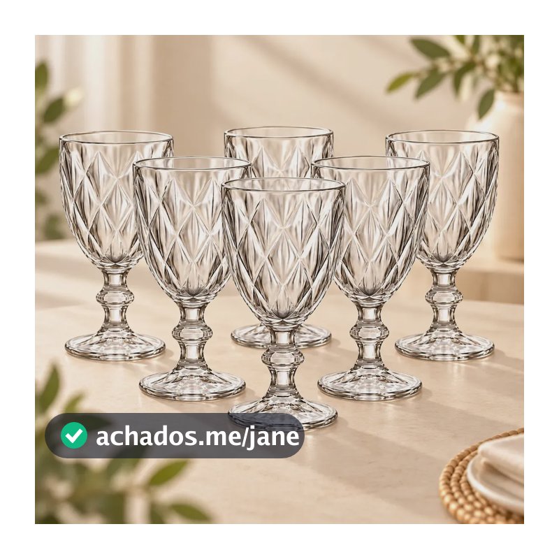 Jogo 6 Taças Vidro Domus Diamond 340ml Transparente Vinho Água
