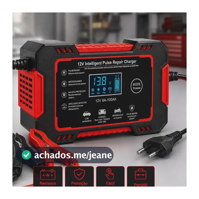 Carregador Inteligente de Bateria Automotiva 12V 6A Bivolt com Display Digital para Baterias 4Ah a 100Ah Carro Moto Utilitário Barco Caminhão Recupera Bateria