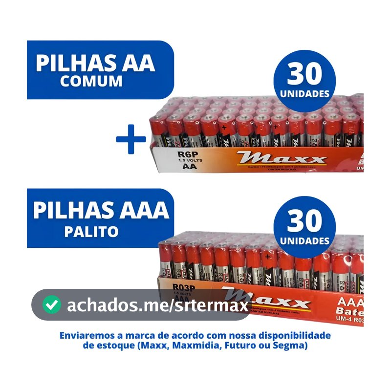Kit De Pilhas 30uni Comum Aa + 30 Uni Palito Combo Aaa