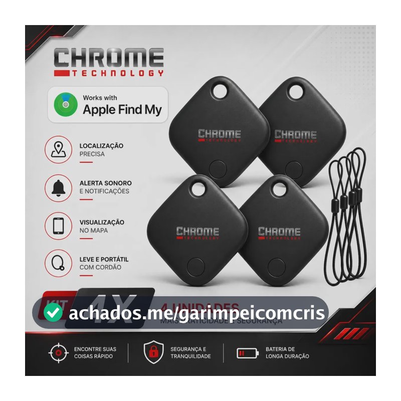 Chaveiro Localizador Smart Tag Kit 4 Rastreador Ios Apple Gps Com Cordão Chaveiro Cor Preto Compatível Com iPhone Chrome Technology