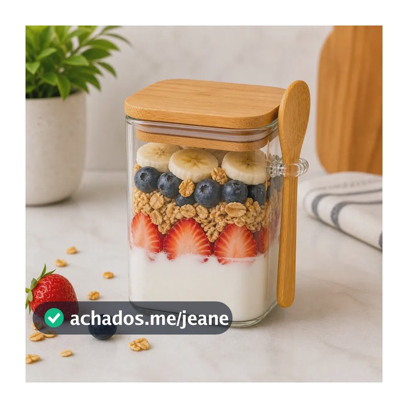 Pote Vidro Hermético 500ml Com Colher Madeira Bambu Quadrado Transparente