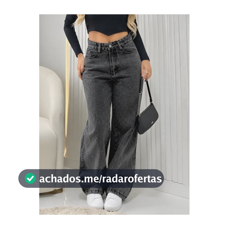 Calça Jeans Wide Leg Feminina Cintura Alta Pantalona Preto Black Marmo Liso 40