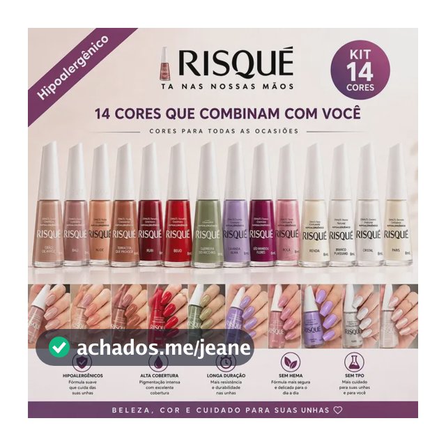 Esmalte Risque Hipoalergênico Kit 14 Cores Sortidas Atacado Verde Nude Vermelho Francesinha