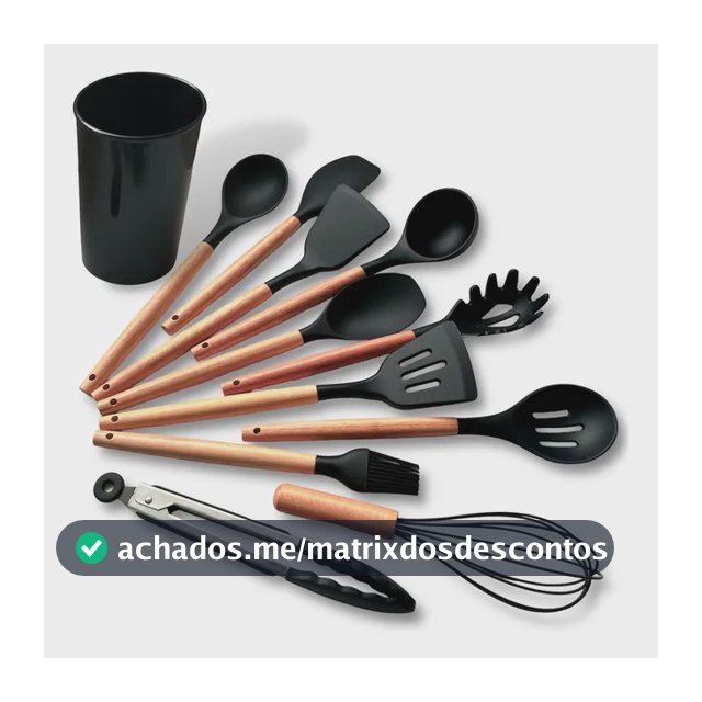 Kit C/12 Utensílios De Cozinha Silicone Cabo Madeira