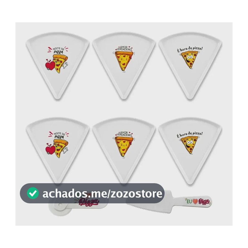 Conjunto 8 Peças Formato Fatia De Pizza Estampa Amo Pizza Branco Pizza