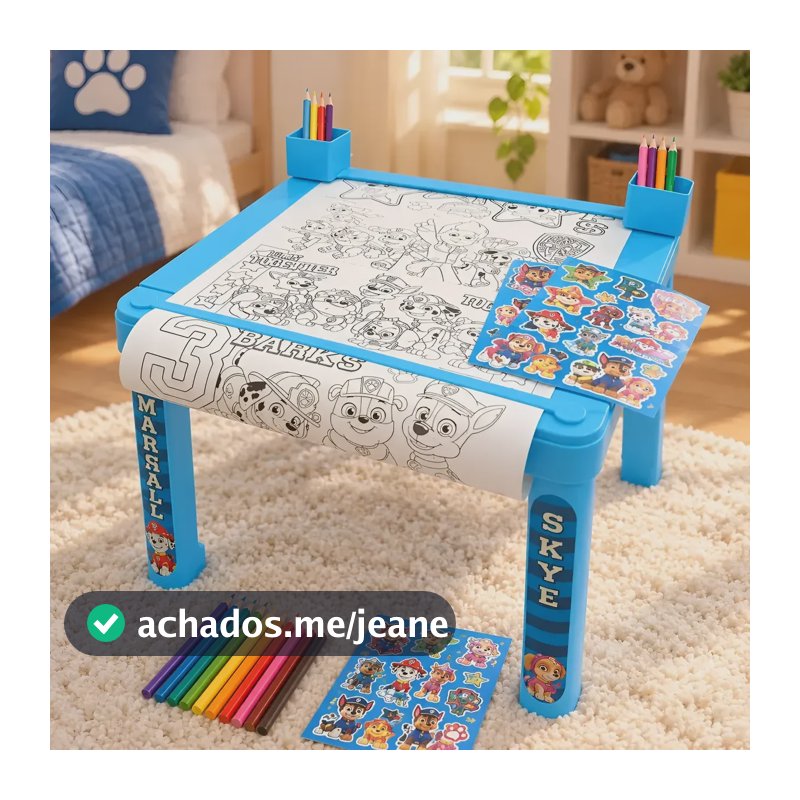 Mesa Patrulha Canina Infantil Colorir Rolo 5m Lápis Adesivo Azul-celeste