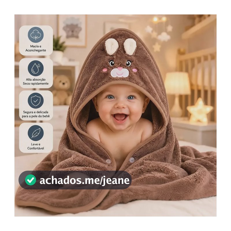 Toalha Banho Bebê Infantil Forrada Capuz Bordado De Bichinho Marrom-claro
